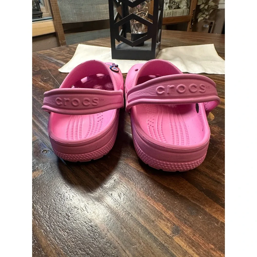 Crocs Kids Classic Clog Pink Slip On Shoes with Charms Size J2 Youth